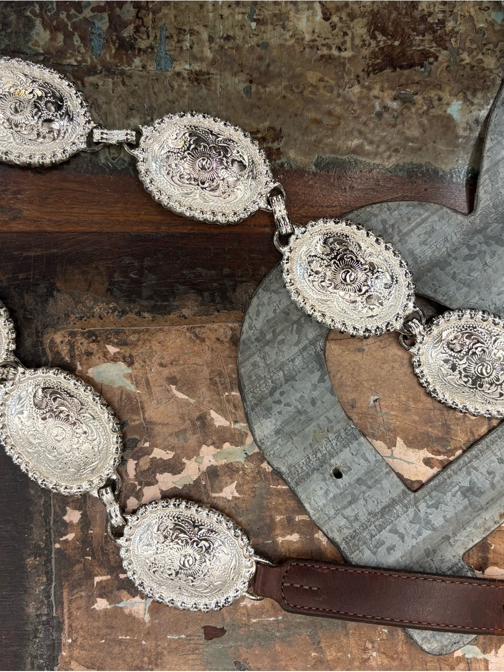 Tony Lama Brown Leather Belt with Silver Engraved Conchos - Picture 3 of 7